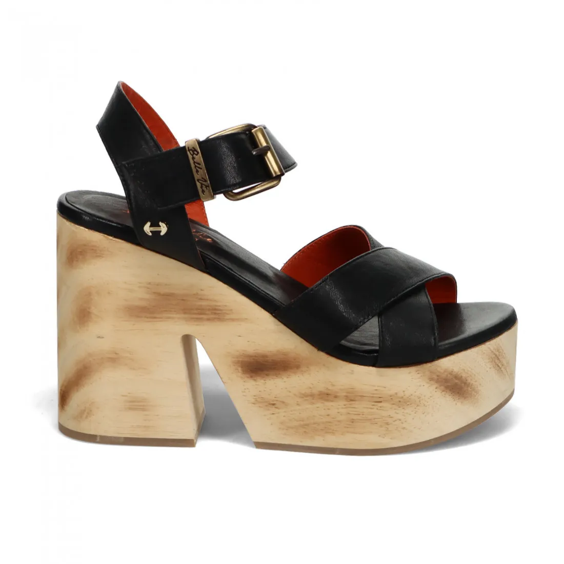 Sandalo Belle Vie modello Via Voltone nero con zeppa in legno