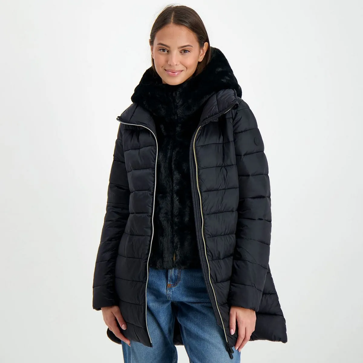      SAVE THE DUCK PIUMINO LUNGO CON ECOPELLICCIA STACCABILE DONNA  