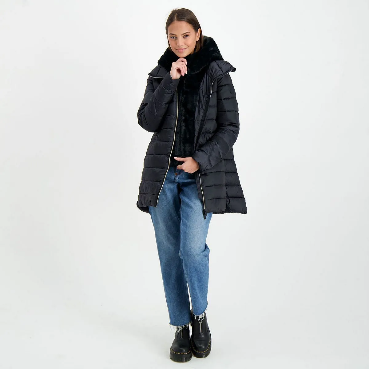      SAVE THE DUCK PIUMINO LUNGO CON ECOPELLICCIA STACCABILE DONNA  