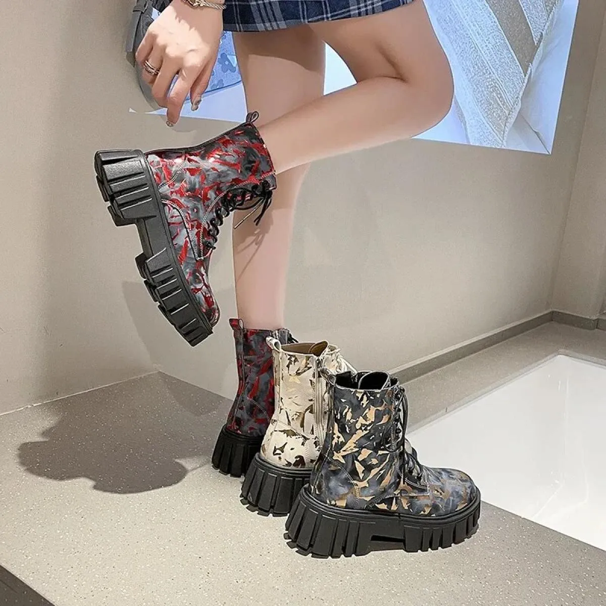 Scarpe Per Le Donne 2023 Nuovo Lace Up/on Tacchi Alti delle Donne Autunno di Alta Qualità Tacco Quadrato Punta Rotonda Stivali d