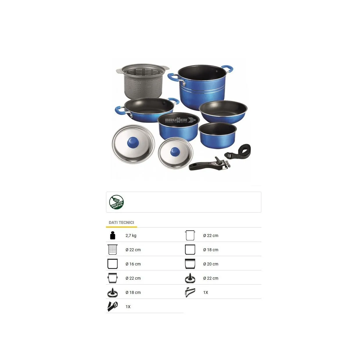 Set completo 9+1 Pentole e Padelle Campeggio SKIPPER POPOTE ⌀22 cm Brunner