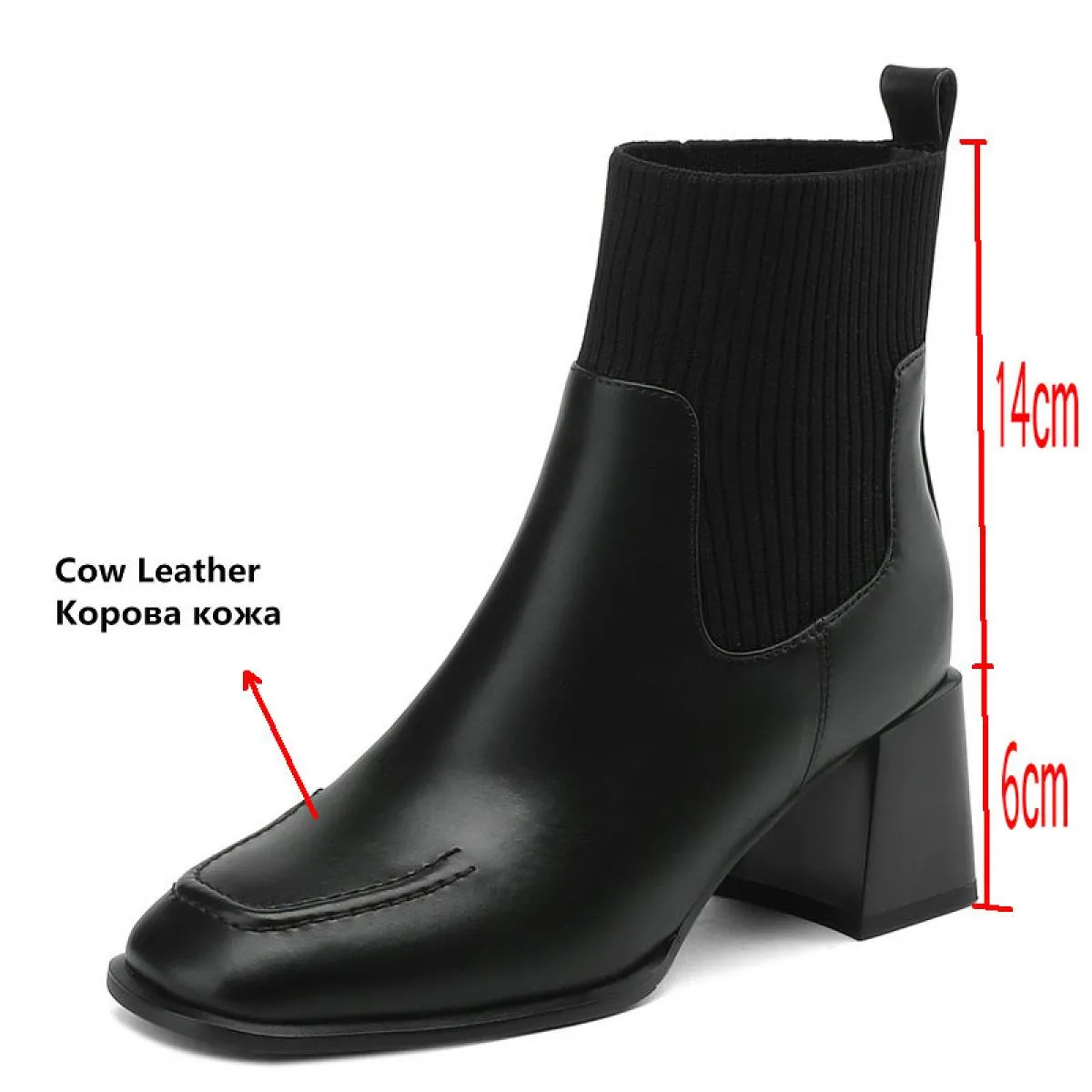 Stivali basic alla caviglia da donna con tacco alto spesso Autunno Inverno Vera pelle lavorata a maglia punta quadrata Scarpe da