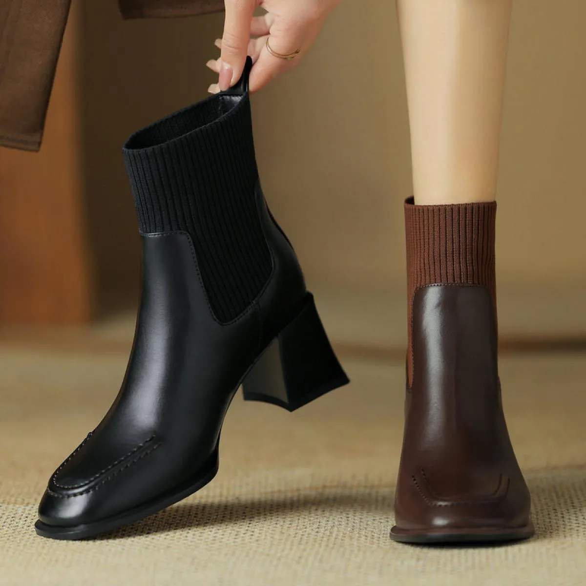 Stivali basic alla caviglia da donna con tacco alto spesso Autunno Inverno Vera pelle lavorata a maglia punta quadrata Scarpe da