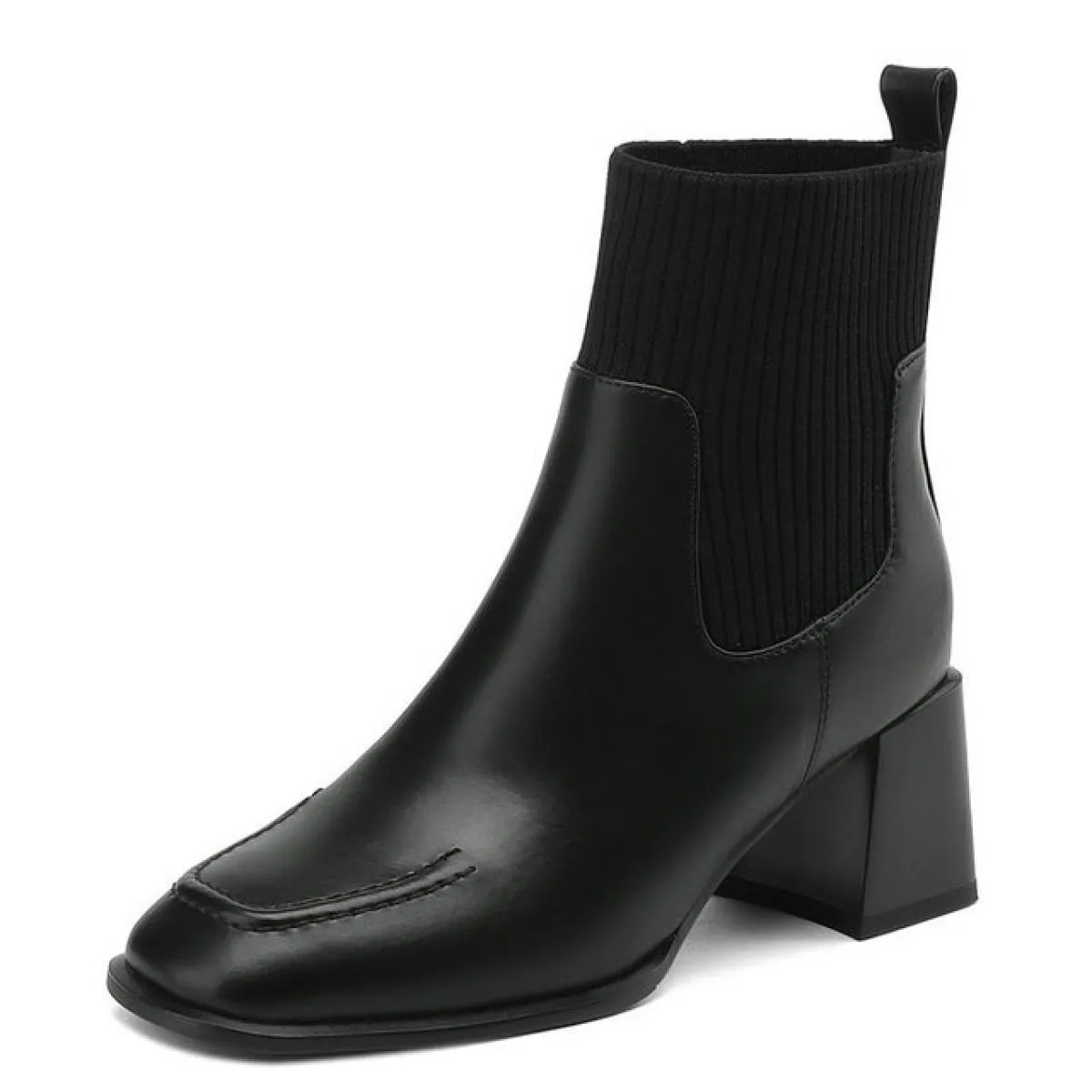 Stivali basic alla caviglia da donna con tacco alto spesso Autunno Inverno Vera pelle lavorata a maglia punta quadrata Scarpe da