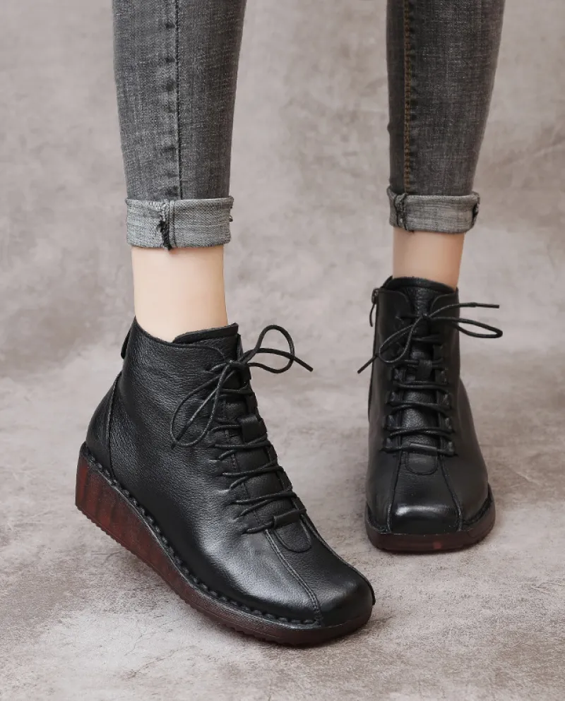 Stivali da donna in morbida pelle bovina stile retrò autunno e inverno nuovo stile con zeppa suola morbida più stivale in cotone