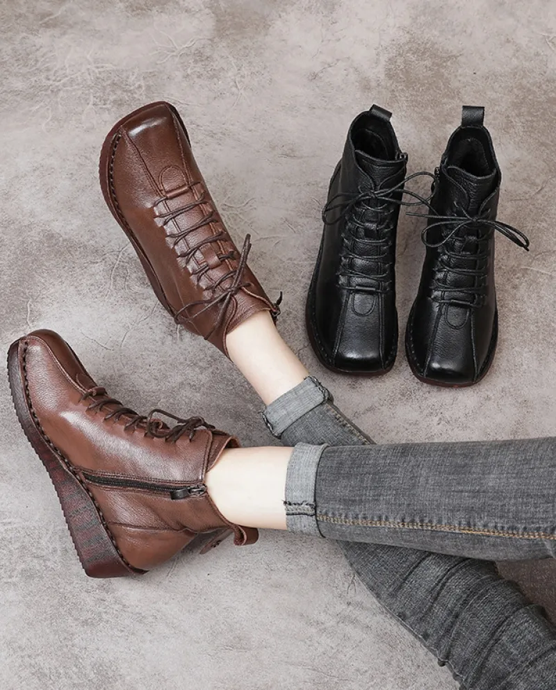 Stivali da donna in morbida pelle bovina stile retrò autunno e inverno nuovo stile con zeppa suola morbida più stivale in cotone