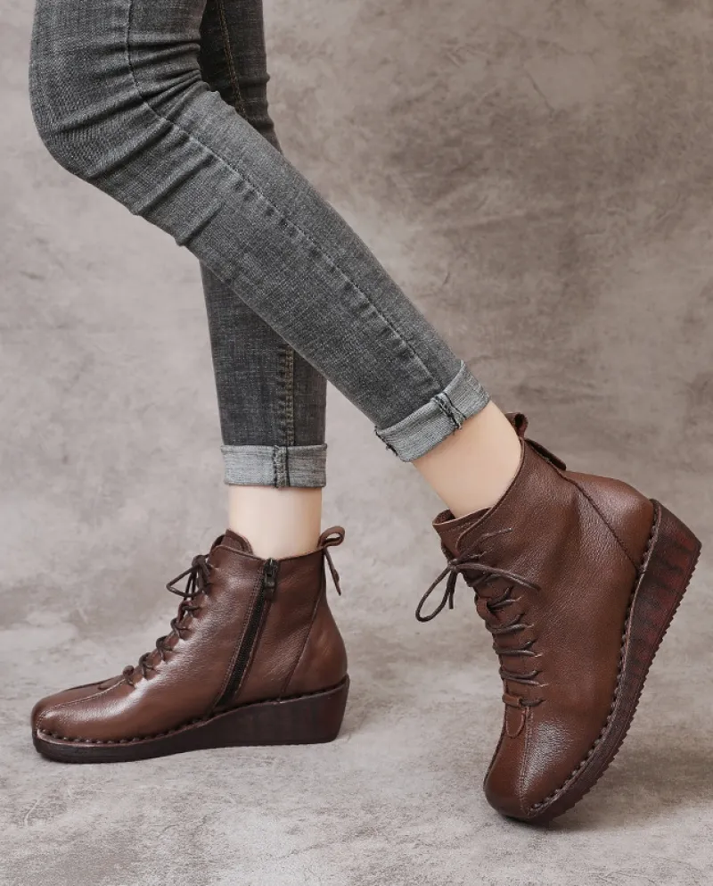 Stivali da donna in morbida pelle bovina stile retrò autunno e inverno nuovo stile con zeppa suola morbida più stivale in cotone
