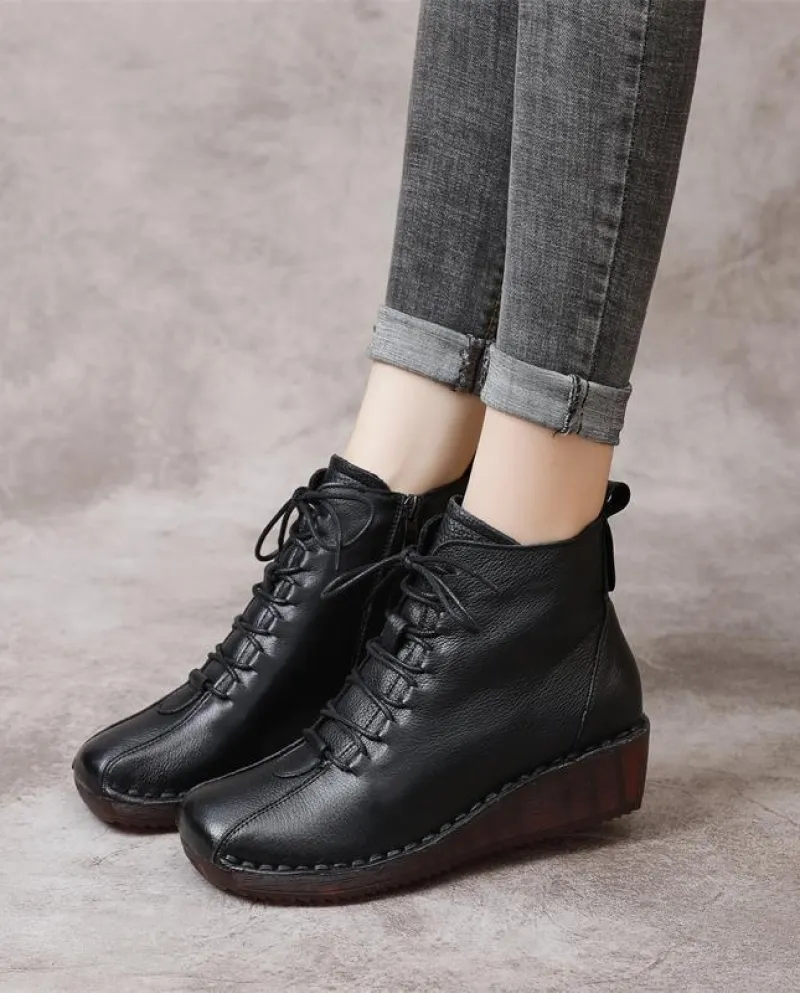 Stivali da donna in morbida pelle bovina stile retrò autunno e inverno nuovo stile con zeppa suola morbida più stivale in cotone