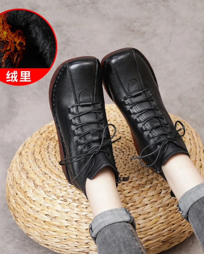 Stivali da donna in morbida pelle bovina stile retrò autunno e inverno nuovo stile con zeppa suola morbida più stivale in cotone