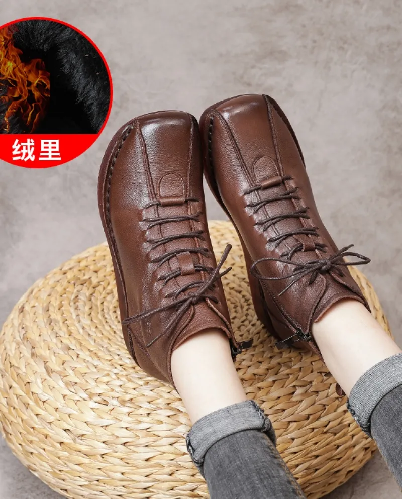 Stivali da donna in morbida pelle bovina stile retrò autunno e inverno nuovo stile con zeppa suola morbida più stivale in cotone