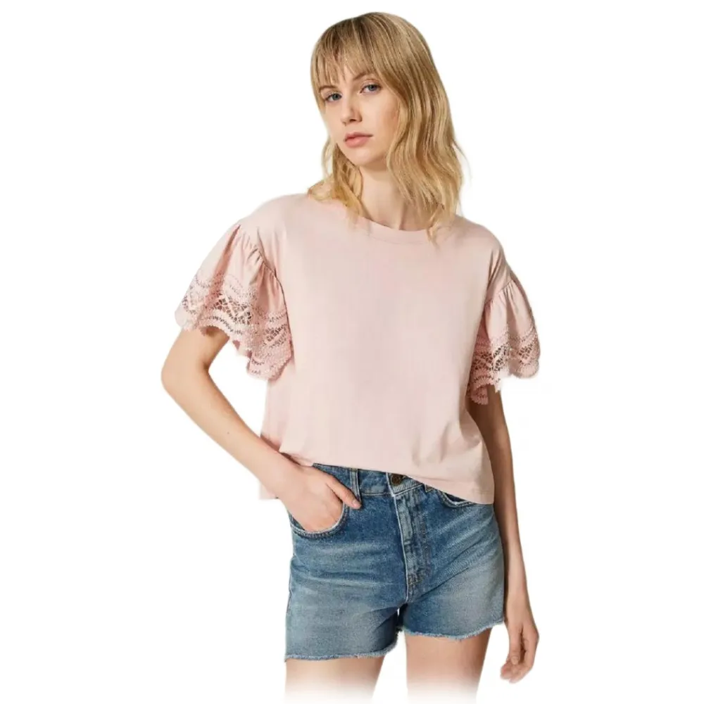 Twinset - T-Shirt con Maniche Ampie in Pizzo - Rosa - T-Shirt - Made in Italy - Luxury Exclusive Collection