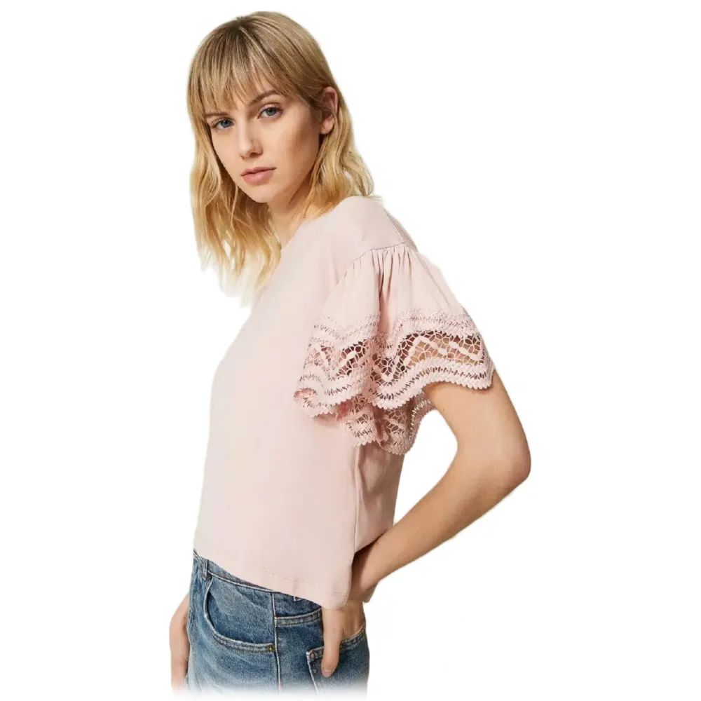 Twinset - T-Shirt con Maniche Ampie in Pizzo - Rosa - T-Shirt - Made in Italy - Luxury Exclusive Collection