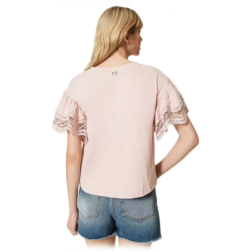 Twinset - T-Shirt con Maniche Ampie in Pizzo - Rosa - T-Shirt - Made in Italy - Luxury Exclusive Collection