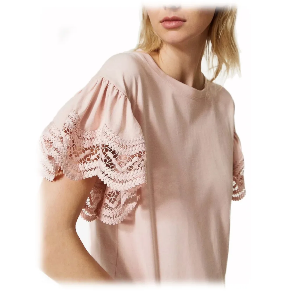 Twinset - T-Shirt con Maniche Ampie in Pizzo - Rosa - T-Shirt - Made in Italy - Luxury Exclusive Collection