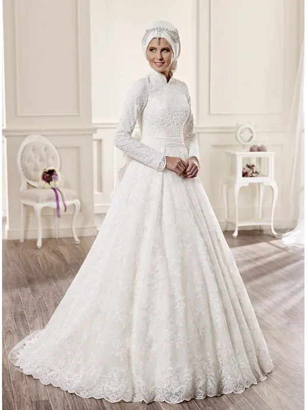 Vestito da Sposa Invernale Economico Online di pizzo con colletto e manica lunga