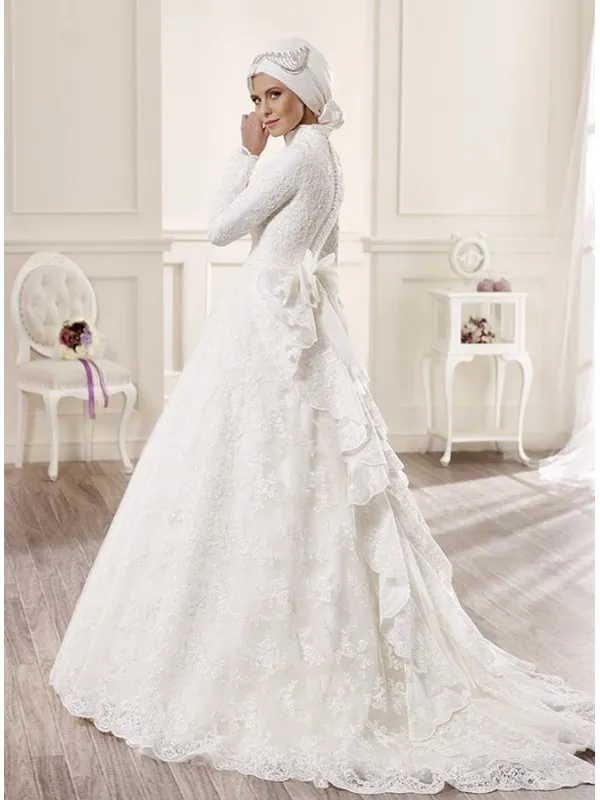 Vestito da Sposa Invernale Economico Online di pizzo con colletto e manica lunga