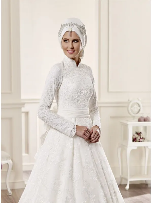 Vestito da Sposa Invernale Economico Online di pizzo con colletto e manica lunga